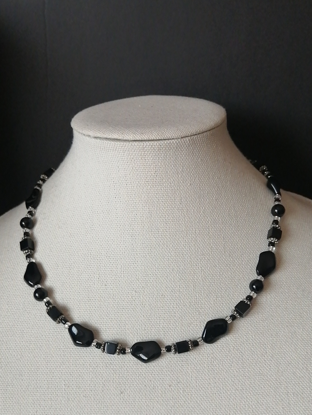 Handmade Boho-Style Black Glossy Clear Multi-Shape Beads Silvertone Necklace